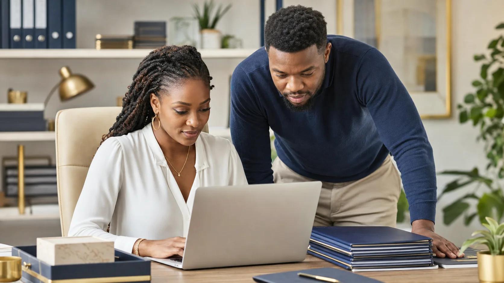 Two Black small-business professionals coordinating recurring document services at a laptop