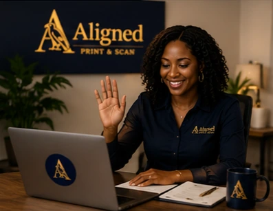 Remote online notary session with Aligned Print & Scan branding