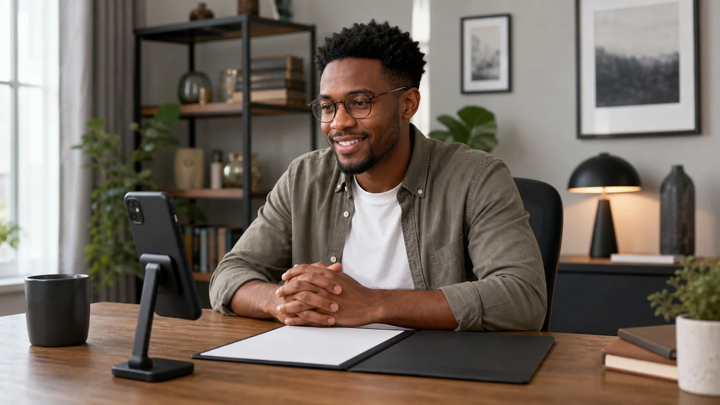 Black man preparing for an online notary appointment with a phone on a stable stand