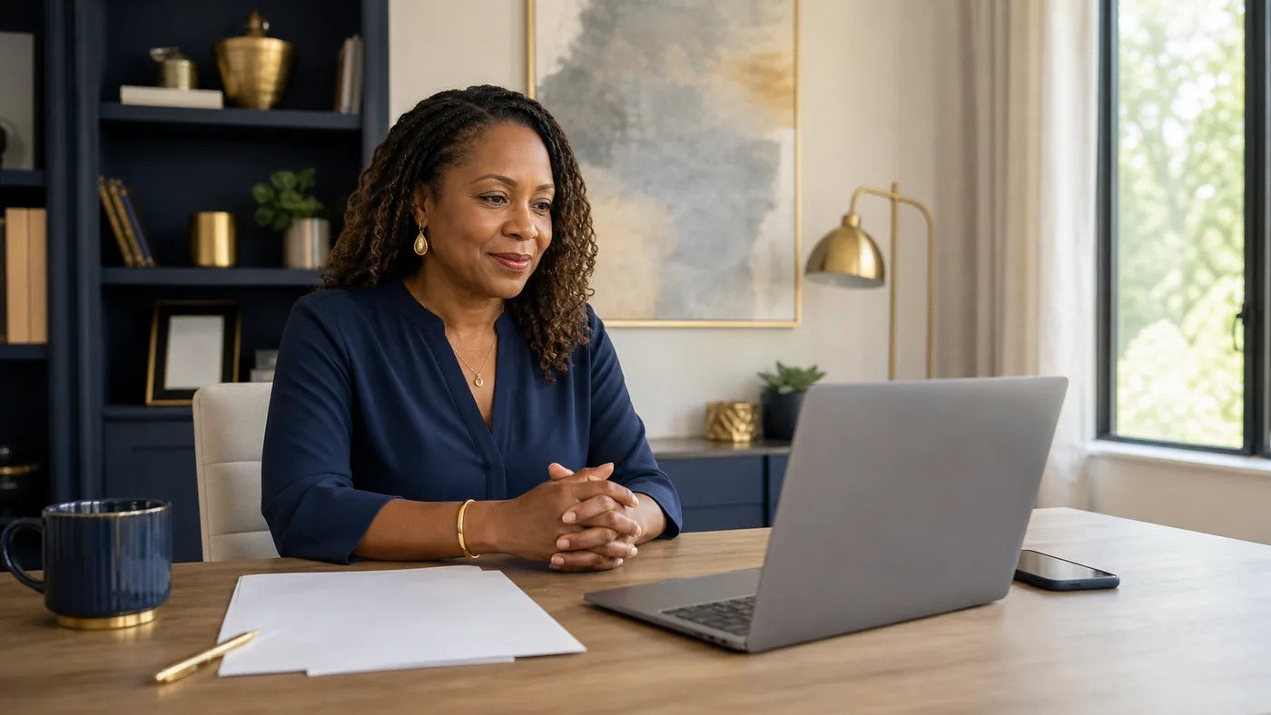 Black woman attending a remote online notary session from home
